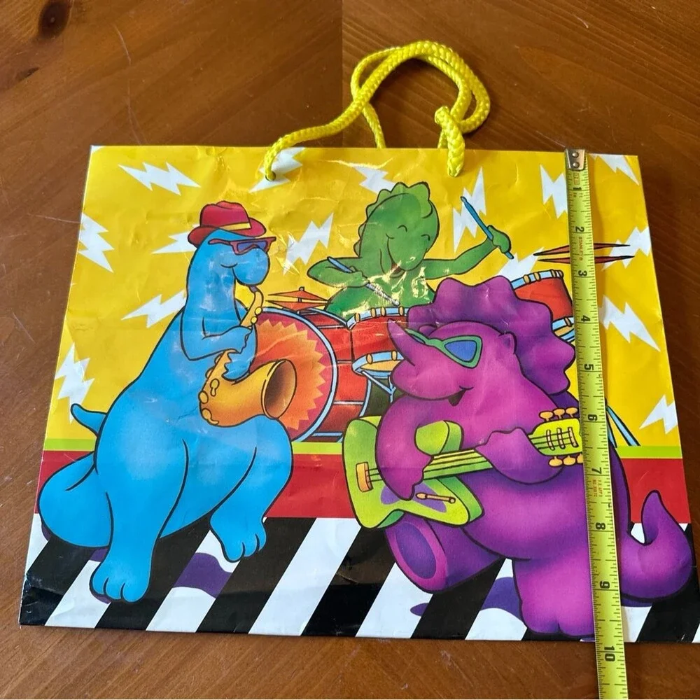 Vintage 1990s Dinosaur Dino Music Party Colorful Gift Bag 12x10''
